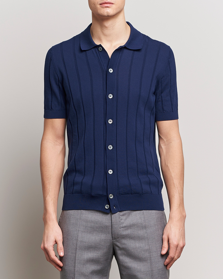 Heren | Italian Department | Gran Sasso | Cotton Structured Knitted Short Sleeve Shirt Light Navy