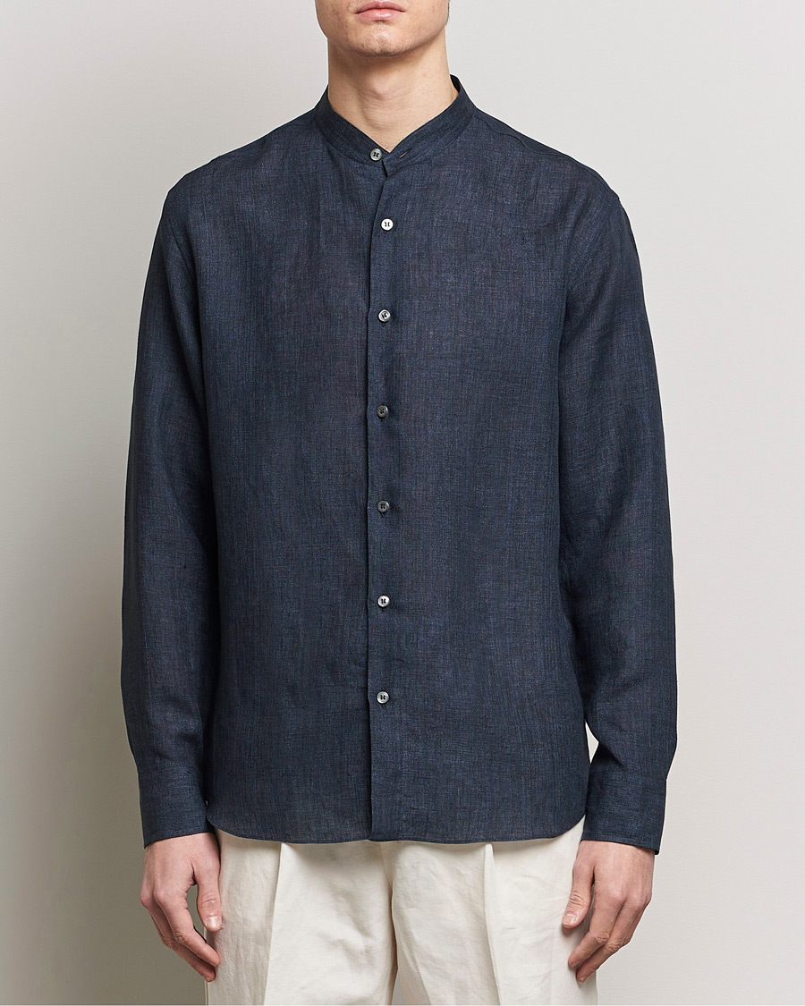 Heren | Italian Department | Brioni | Linen Guru Collar Shirt Navy