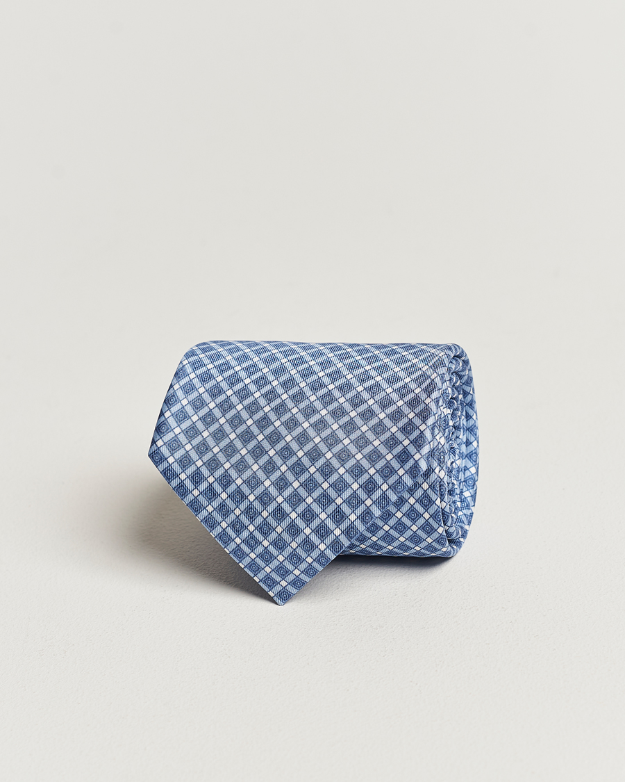 Heren | Brioni Printed Silk Tie Blue Check | Brioni | Printed Silk Tie Blue Check