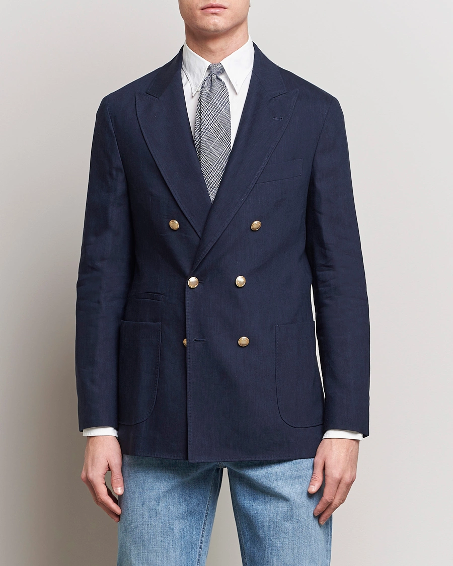 Heren |  | Brunello Cucinelli | Double Breasted Wool/Linen Blazer  Navy