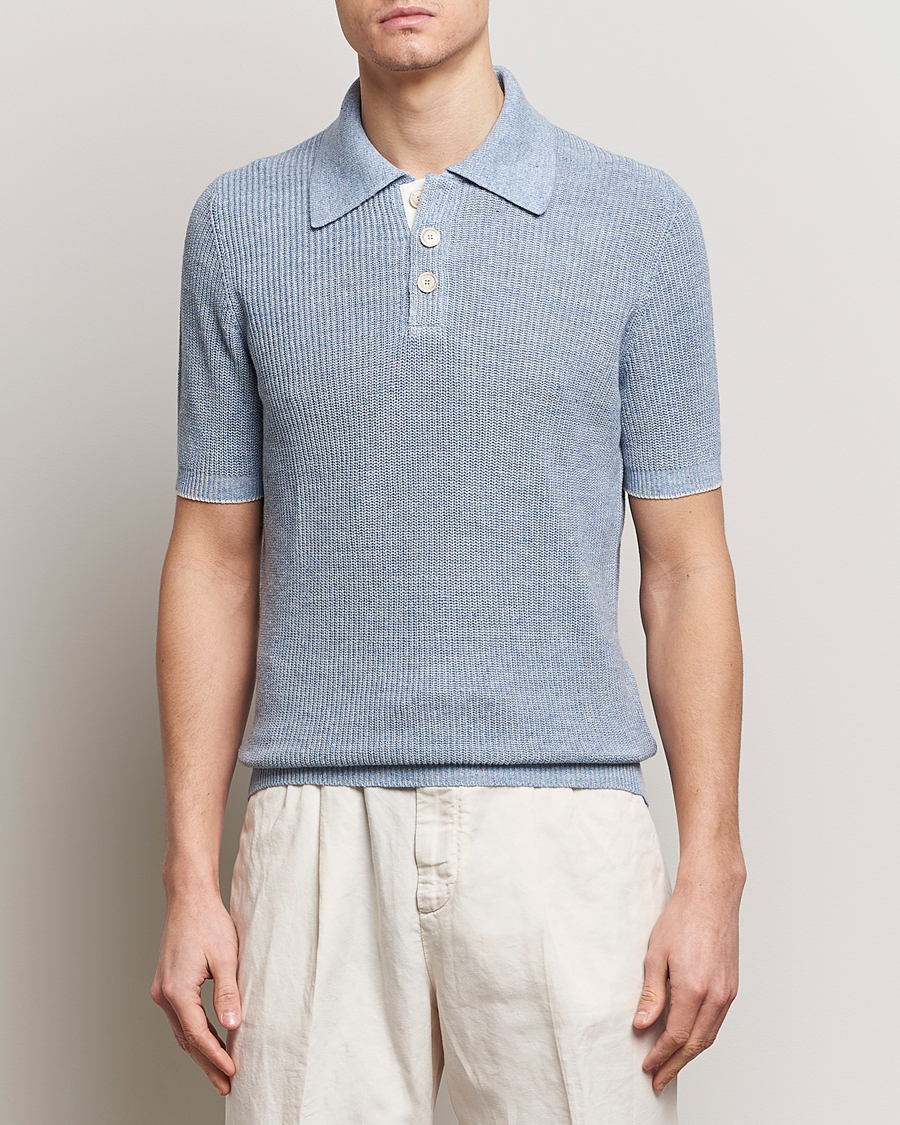 Heren | Poloshirts met korte mouwen | Brunello Cucinelli | Cotton/Linen Rib Knitted Polo Light Blue