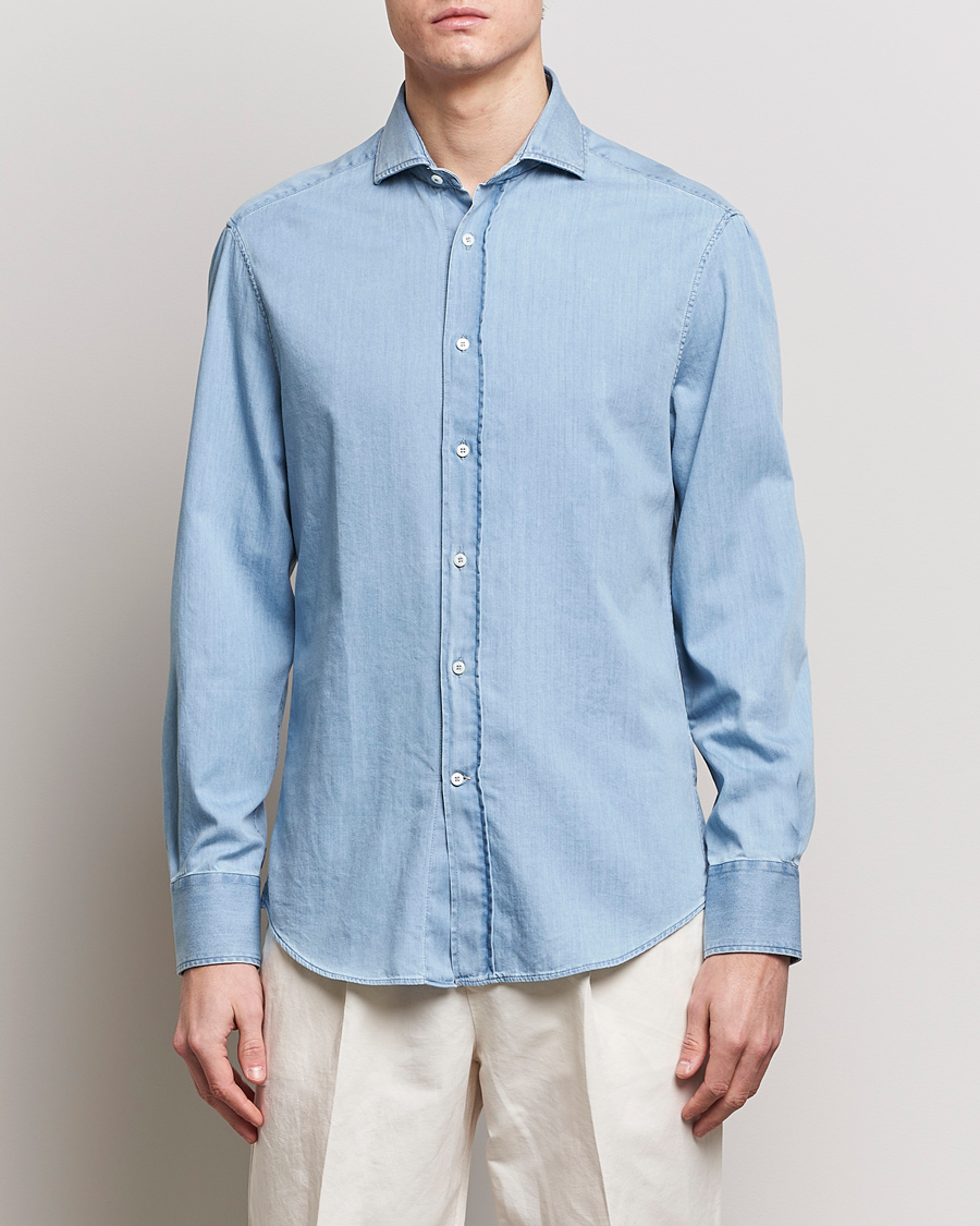 Heren | Quiet Luxury | Brunello Cucinelli | Slim Fit Denim Shirt Light Blue