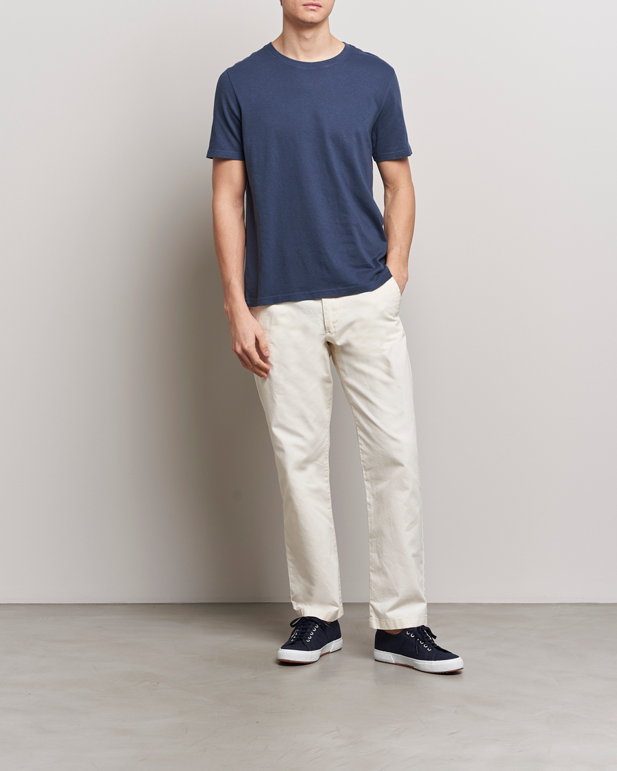 Heren | T-shirts | Merz b. Schwanen | Organic Cotton Washed Crew Neck T-Shirt Denim Blue