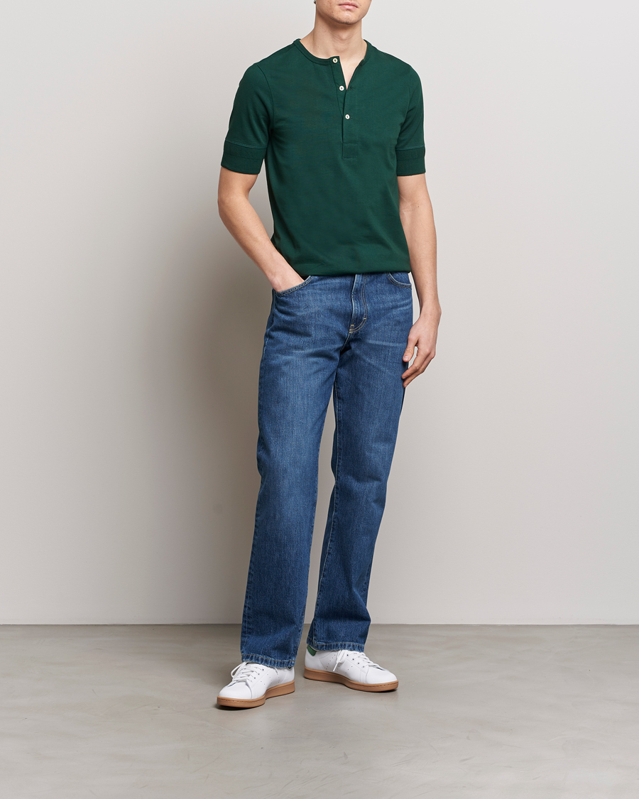 Heren | T-shirts | Merz b. Schwanen | Short Sleeve Organic Cotton Henley Classic Green