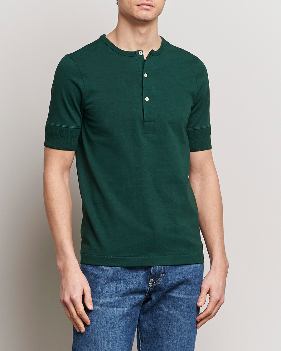 Heren | T-shirts | Merz b. Schwanen | Short Sleeve Organic Cotton Henley Classic Green