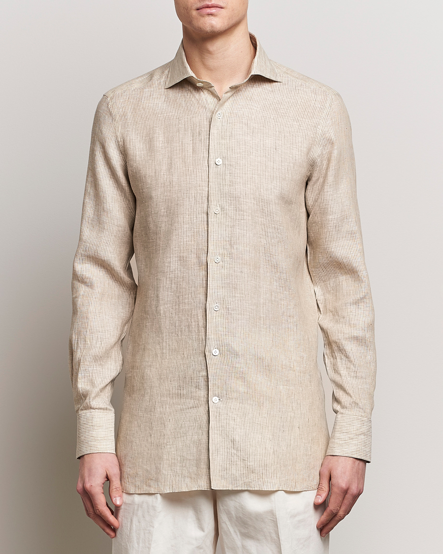 Heren | Business casual | 100Hands | Striped Linen Shirt Brown