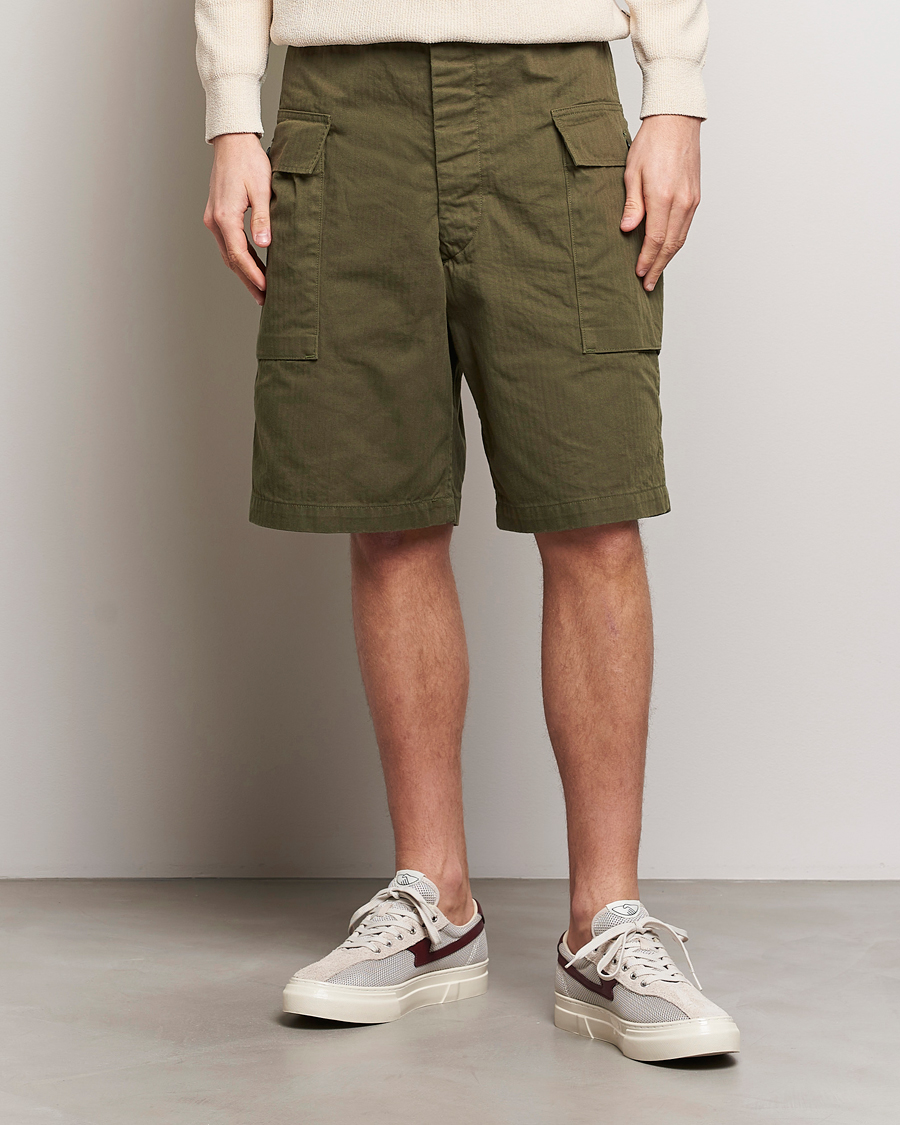 Heren | Japanese Department | orSlow | Herringbone Cotton Cargo Short Army Green