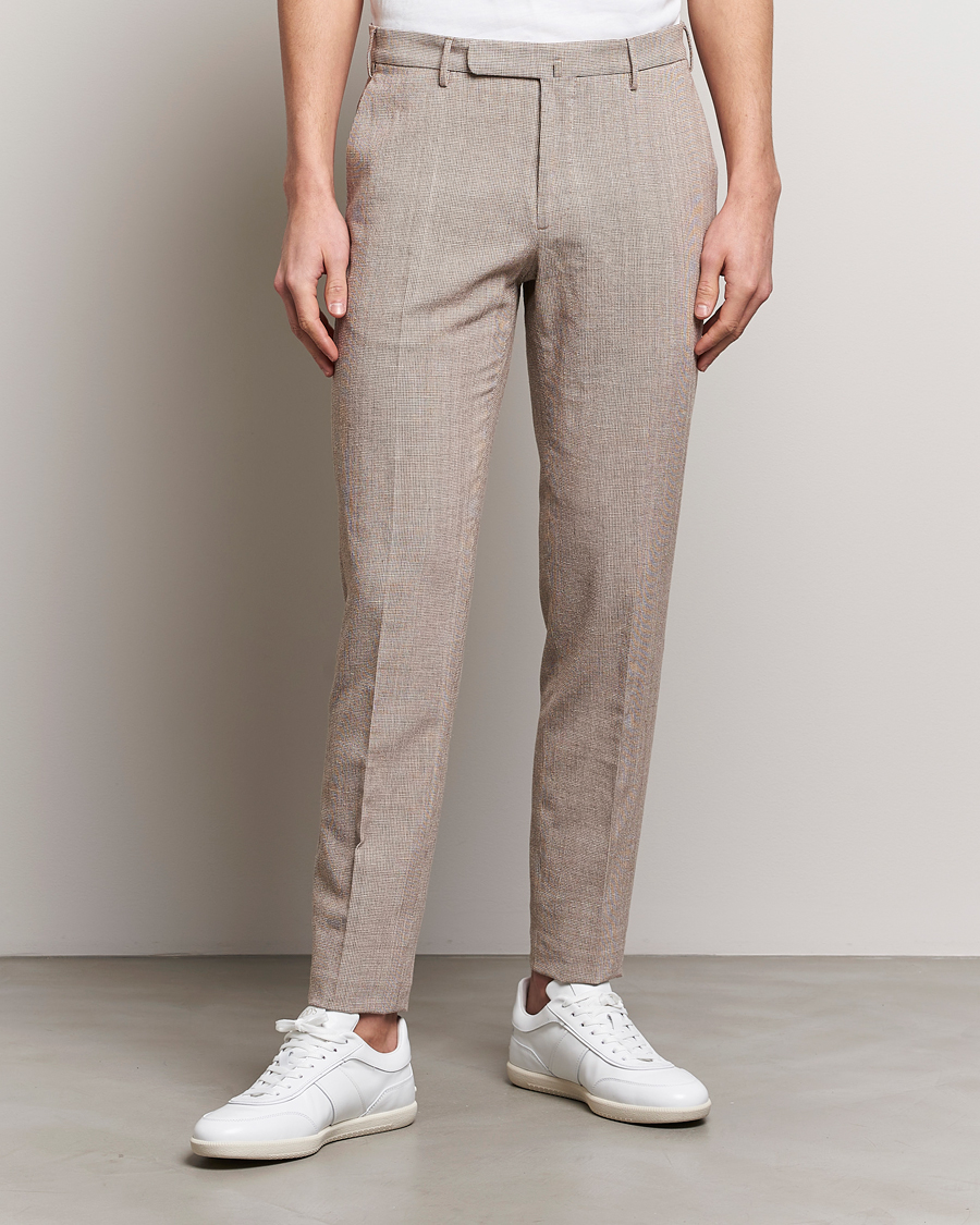 Men |  | Incotex | Slim Fit Cotton/Linen Micro Houndstooth Trousers Beige