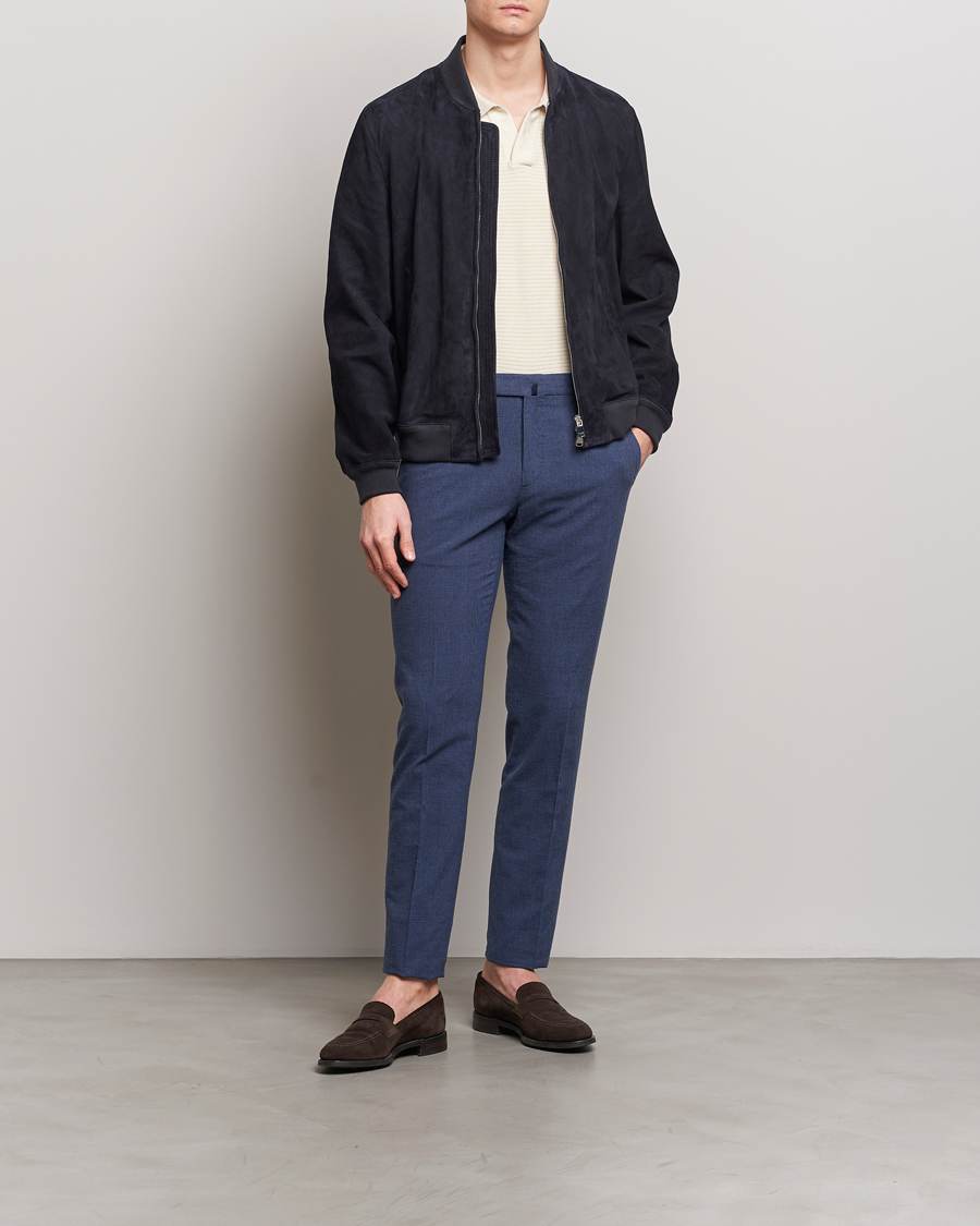 Heren | Broeken | Incotex | Slim Fit Cotton/Linen Micro Houndstooth Trousers Dark Blue
