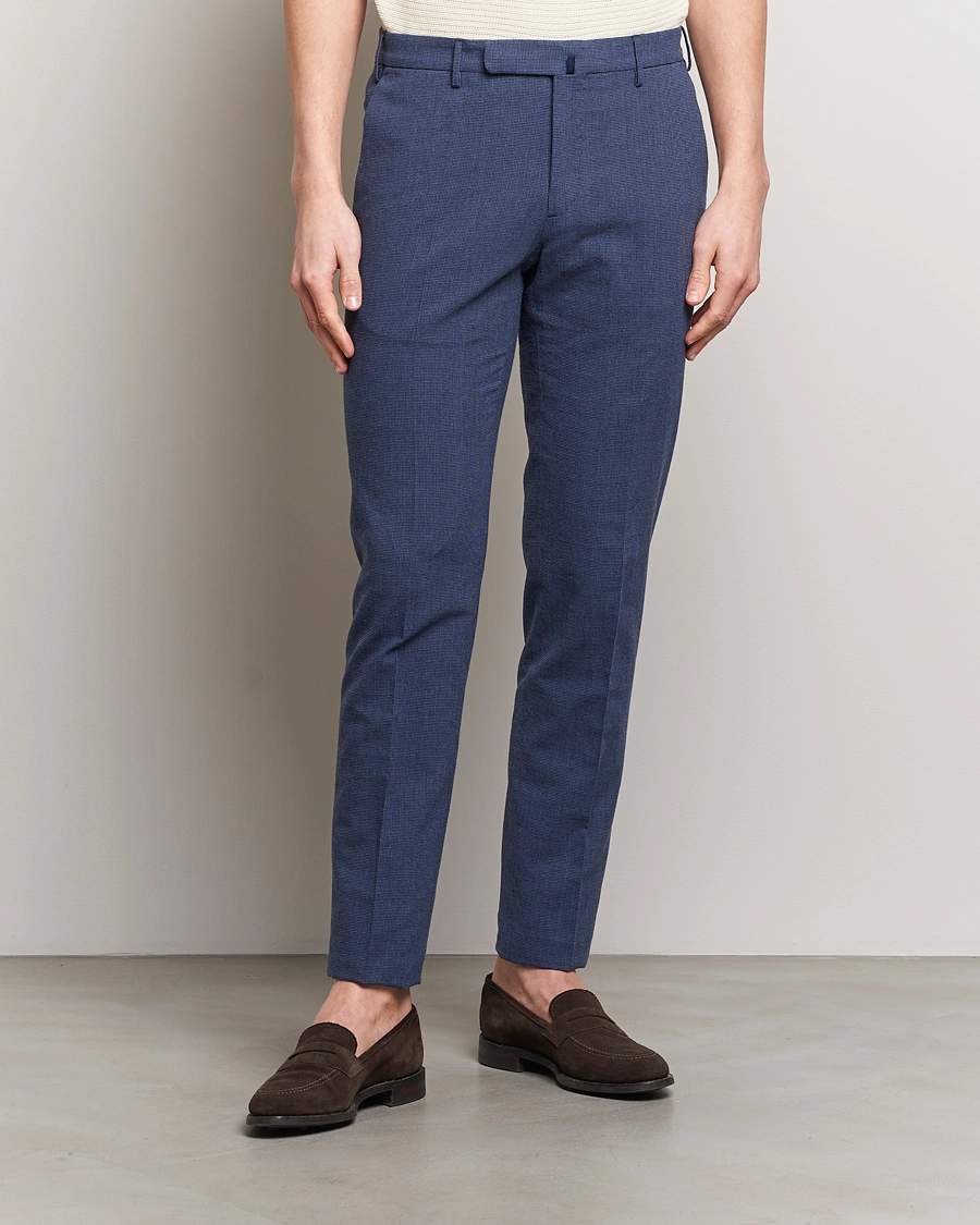 Heren | Linnen broeken | Incotex | Slim Fit Cotton/Linen Micro Houndstooth Trousers Dark Blue