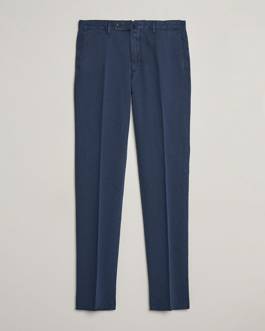 Heren | Broeken | Incotex | Regular Fit Comfort Cotton/Linen Trousers Navy