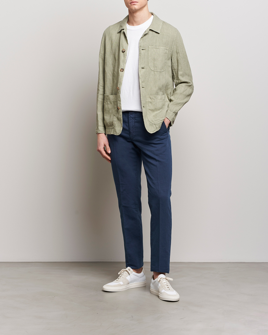 Heren | Broeken | Incotex | Regular Fit Comfort Cotton/Linen Trousers Navy