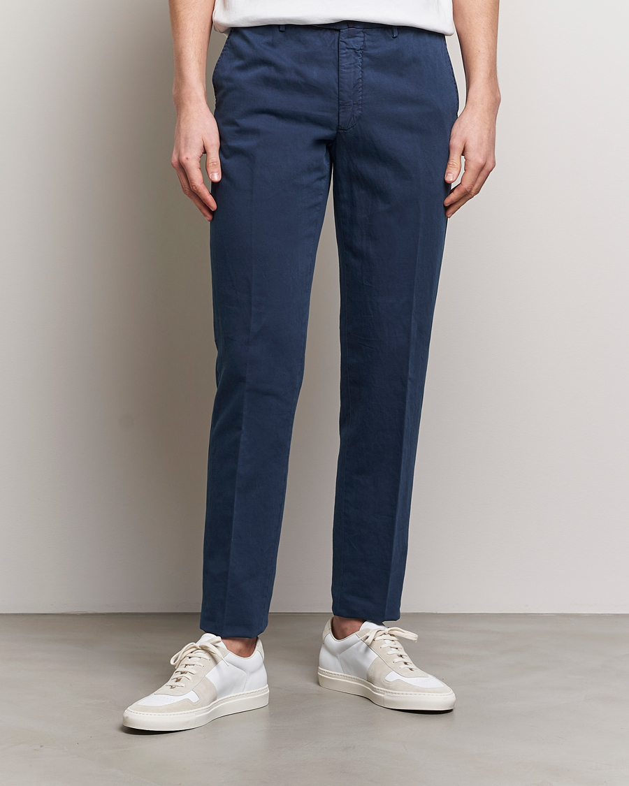 Heren | Linnen broeken | Incotex | Regular Fit Comfort Cotton/Linen Trousers Navy