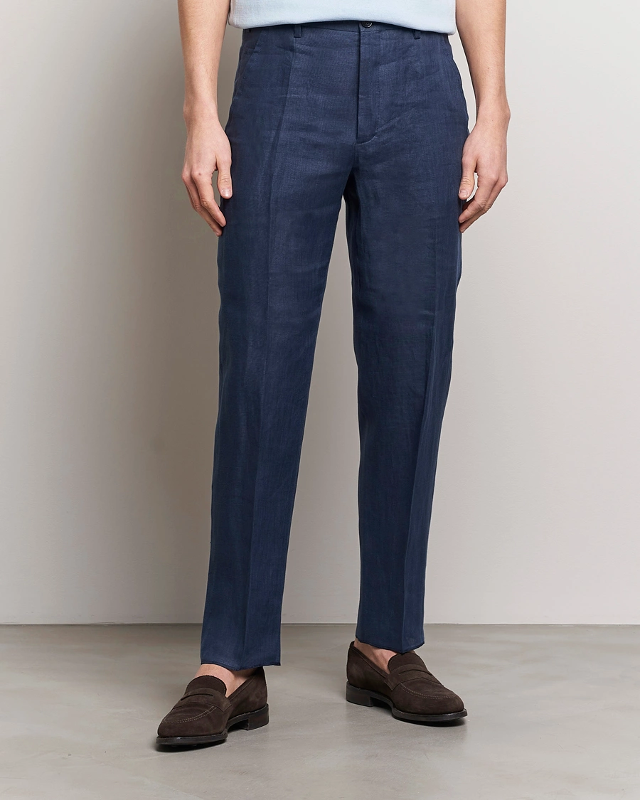 Heren | Broeken | Incotex | Straight Fit Pure Linen Trousers Navy