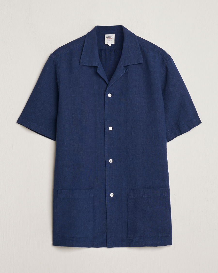 Heren | Overhemden | Kamakura Shirts | Heavy Linen Beach Shirt Navy