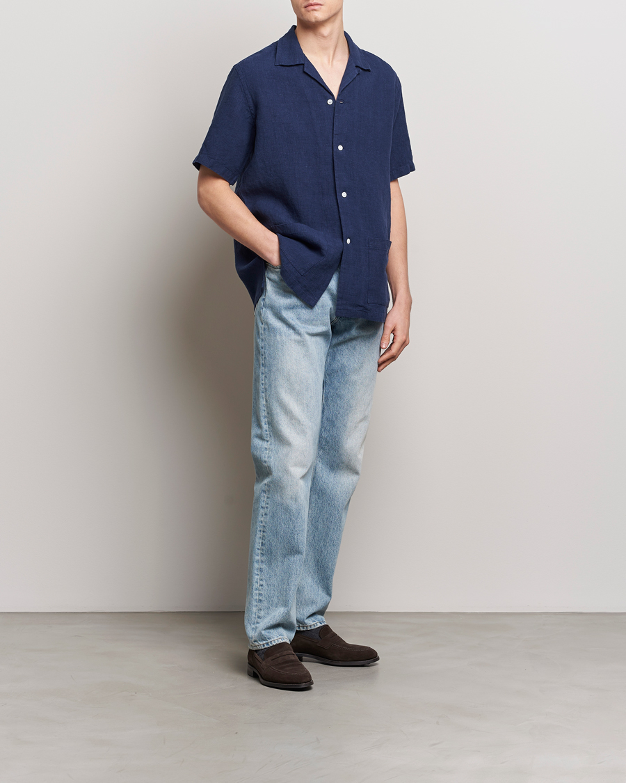 Heren | Overhemden | Kamakura Shirts | Heavy Linen Beach Shirt Navy