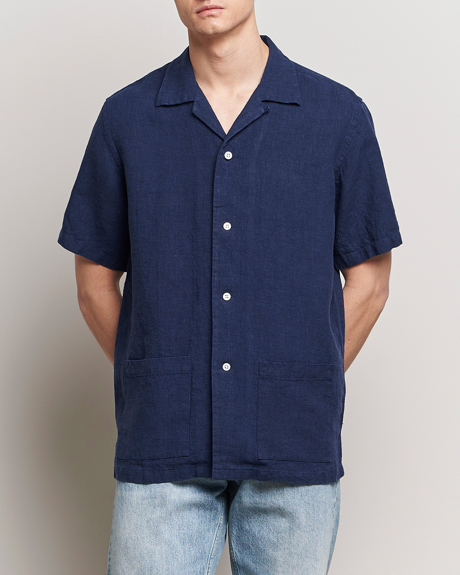 Heren |  | Kamakura Shirts | Vintage Ivy Heavy Linen Beach Shirt Navy