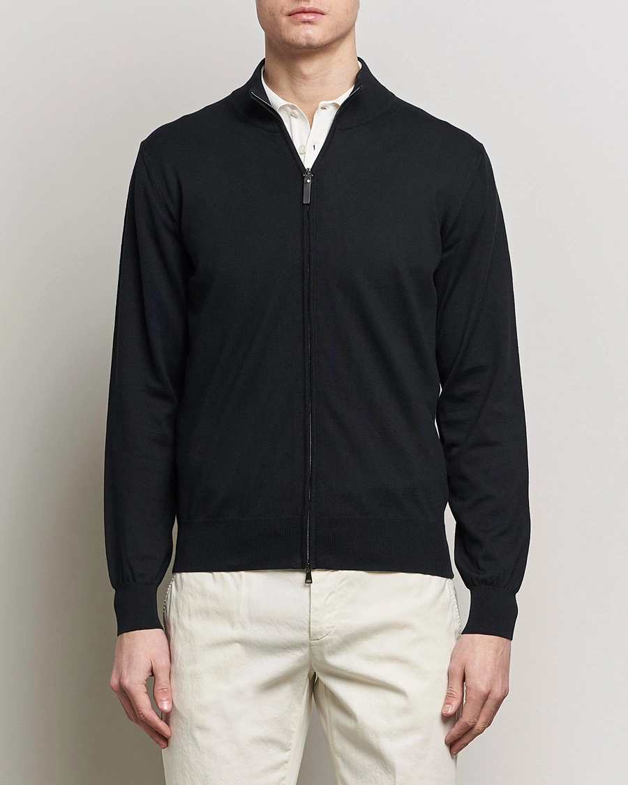 Heren | Business & Beyond | Canali | Cotton Full Zip Sweater Black