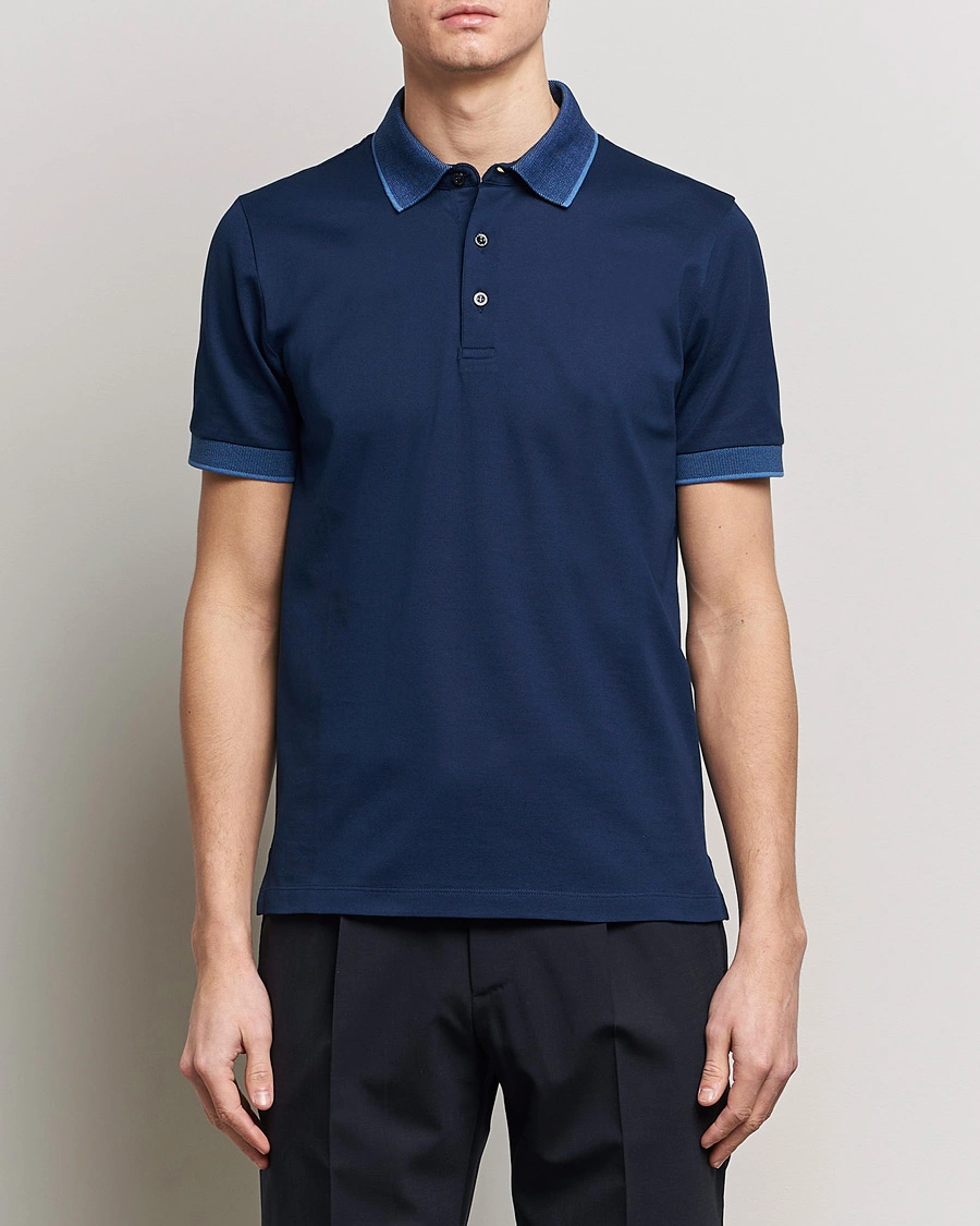 Heren |  | Canali | Contrast Collar Short Sleeve Polo Dark Blue