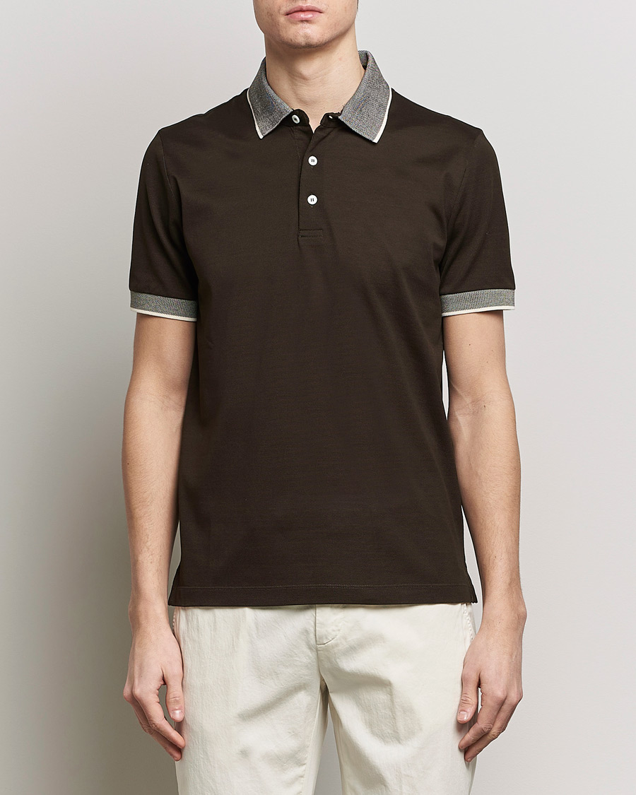 Heren | Poloshirts met korte mouwen | Canali | Contrast Collar Short Sleeve Polo Dark Brown