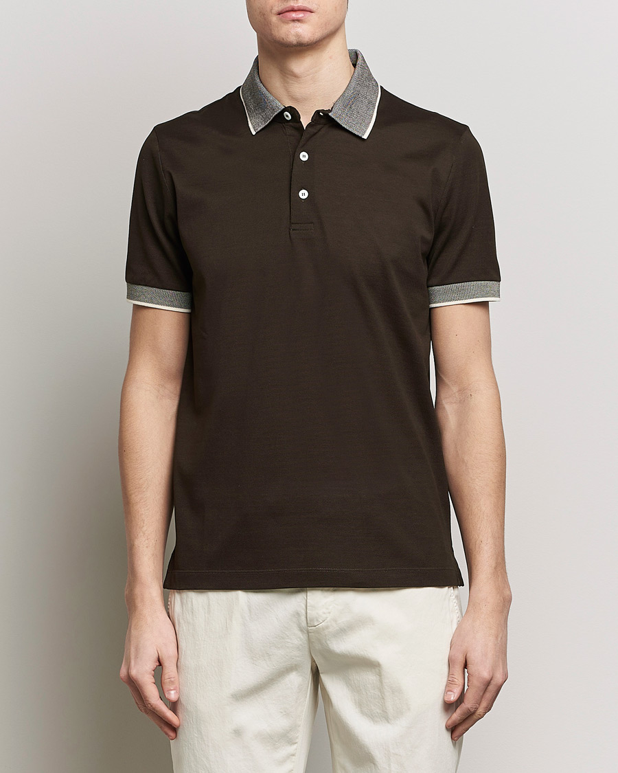 Heren | Canali | Canali | Contrast Collar Short Sleeve Polo Dark Brown