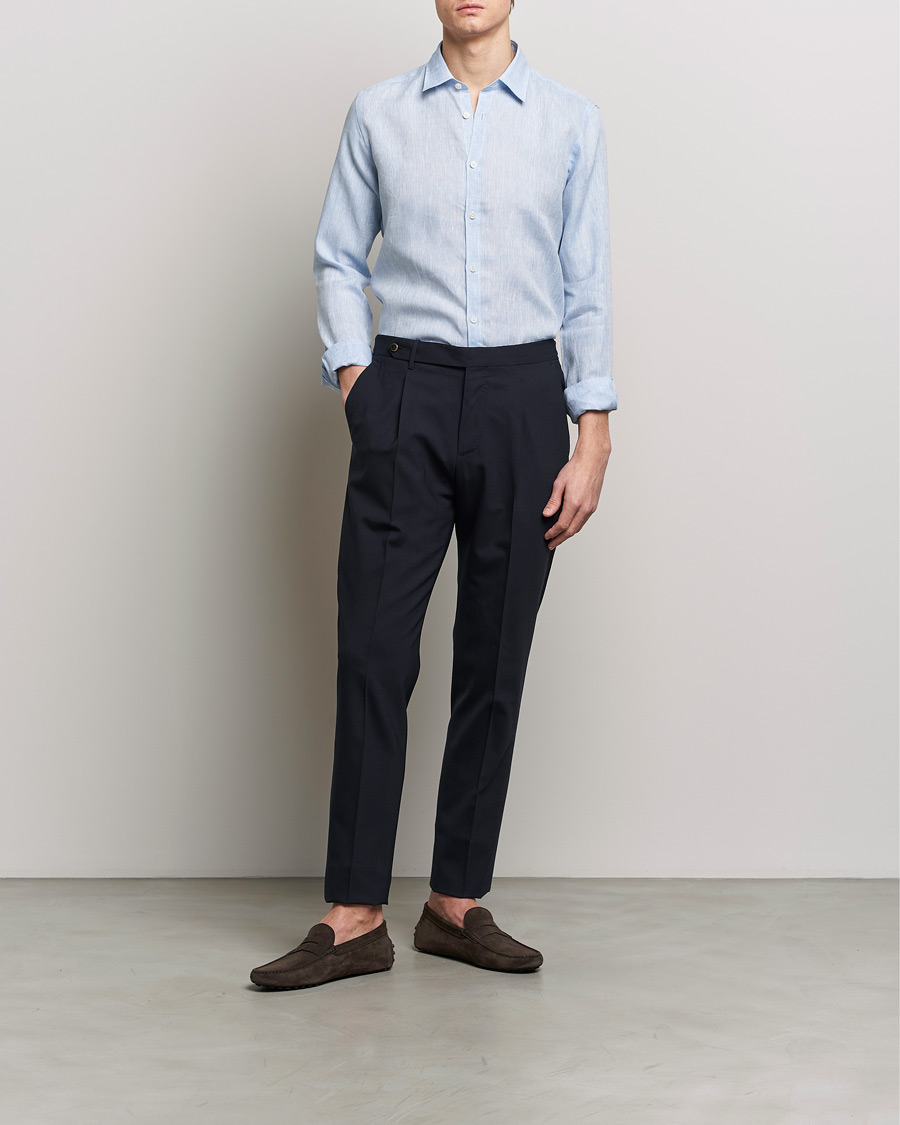 Heren | Overhemden | Canali | Slim Fit Linen Sport Shirt Light Blue