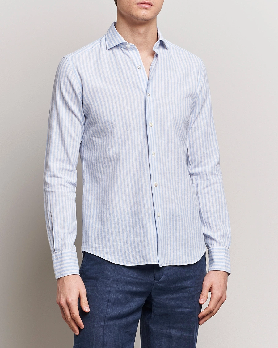 Heren | Grigio | Grigio | Washed Linen Shirt Light Blue Stripe
