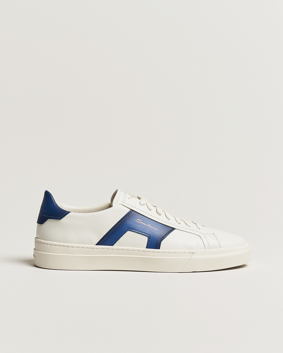 Heren | Santoni Double Buckle Sneakers White/Navy | Santoni | Double Buckle Sneakers White/Navy