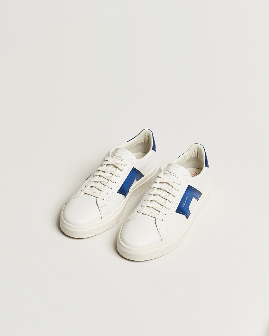 Heren | Santoni Double Buckle Sneakers White/Navy | Santoni | Double Buckle Sneakers White/Navy