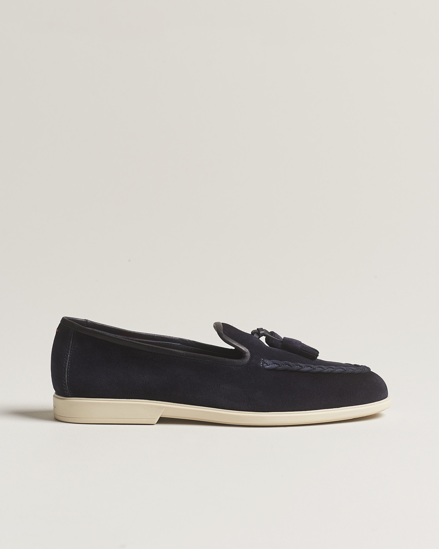 Heren | Santoni Summer Tassel Loafers Navy Suede | Santoni | Summer Tassel Loafers Navy Suede