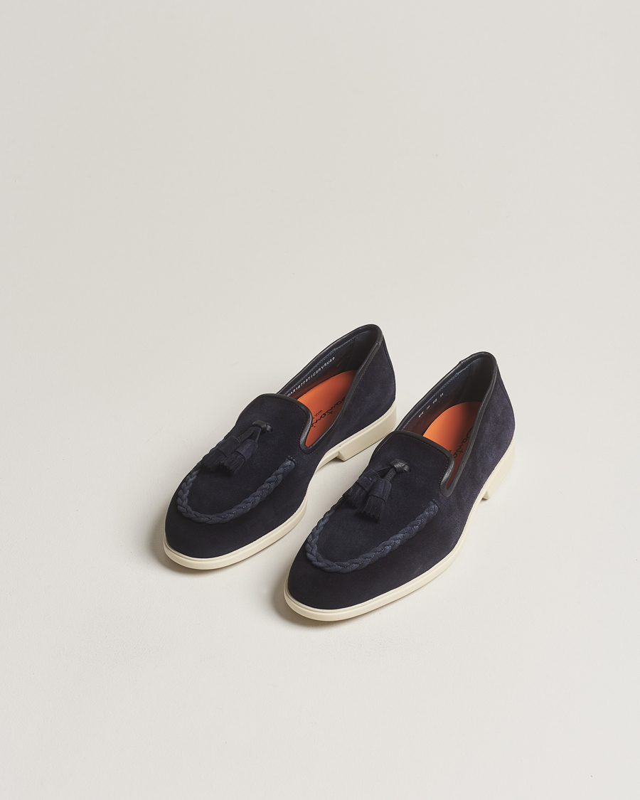 Heren | Santoni Summer Tassel Loafers Navy Suede | Santoni | Summer Tassel Loafers Navy Suede