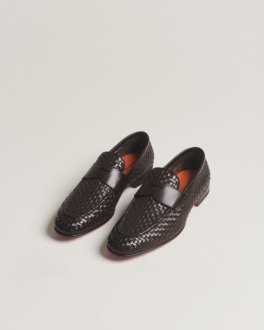 Heren | Santoni Braided Penny Loafers Dark Brown Calf | Santoni | Braided Penny Loafers Dark Brown Calf