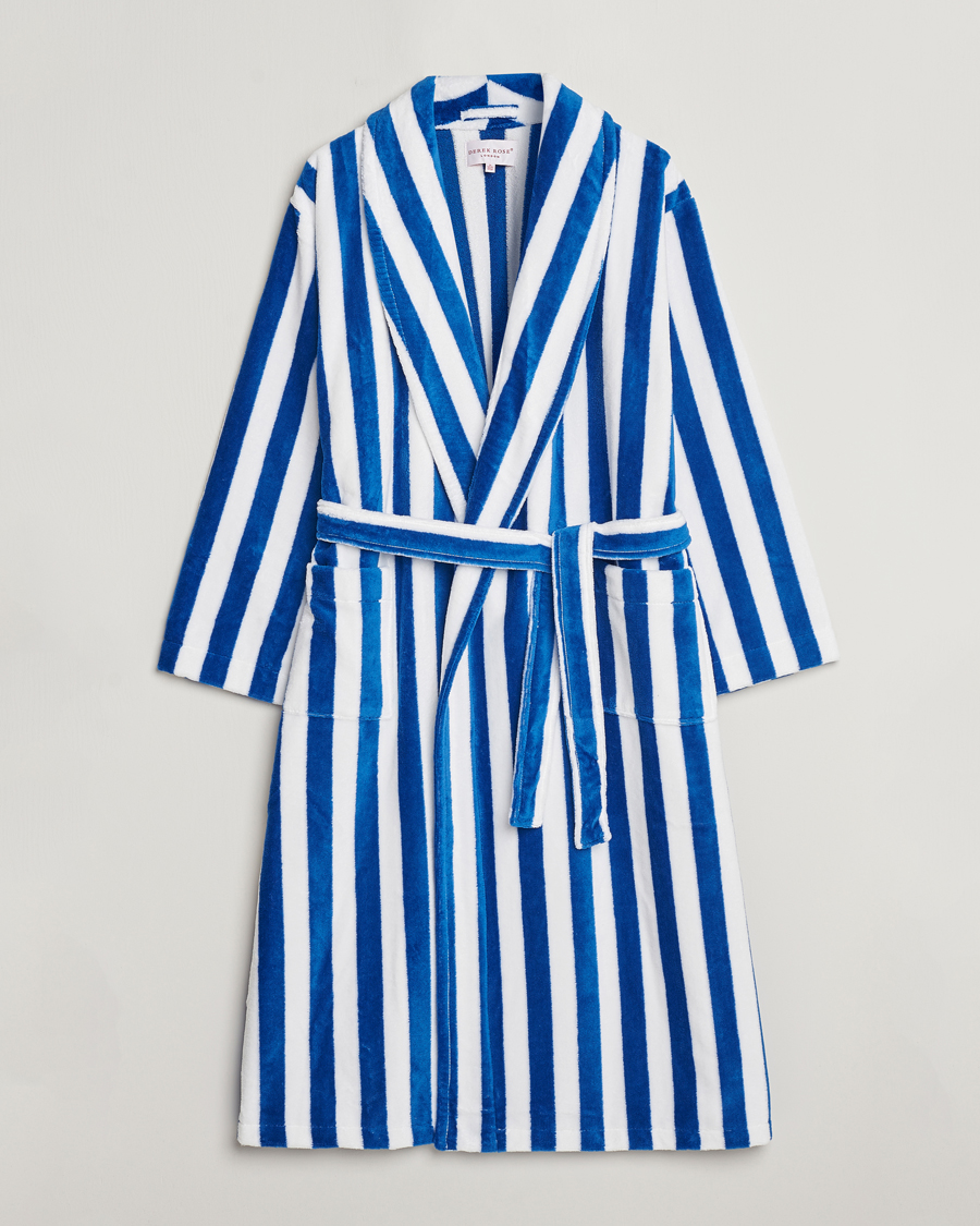 Heren | Pyjama's en gewaden | Derek Rose | Cotton Velour Striped Gown Blue/White