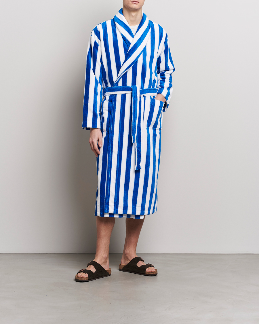 Heren | Pyjama's en gewaden | Derek Rose | Cotton Velour Striped Gown Blue/White