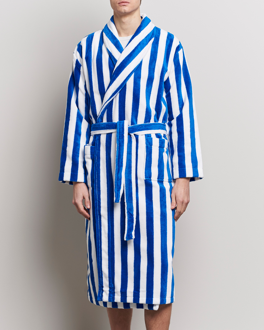 Heren | Best of British | Derek Rose | Cotton Velour Striped Gown Blue/White