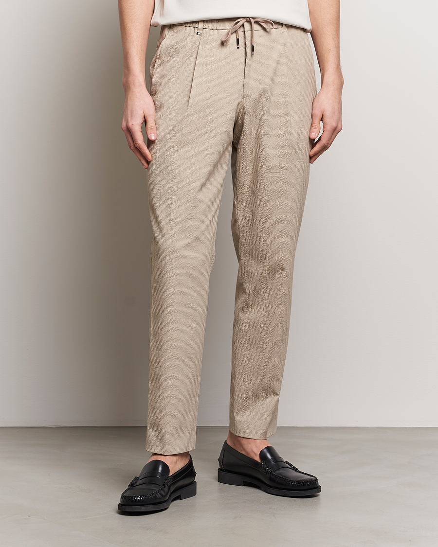 Men | Trousers | BOSS BLACK | Perin Cotton Seersucker Pants Dark Beige