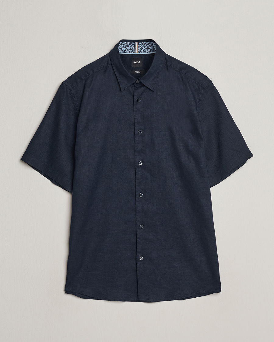 Heren | Overhemden | BOSS BLACK | Liam Short Sleeve Linen Shirt Dark Blue