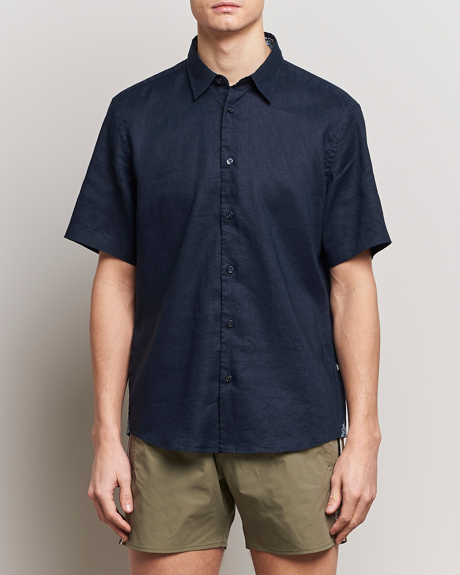 Heren | De linnenkast | BOSS BLACK | Liam Short Sleeve Linen Shirt Dark Blue