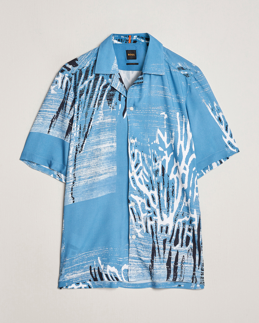 Heren | Overhemden | BOSS ORANGE | Rayer Short Sleeve Printed Shirt Open Blue