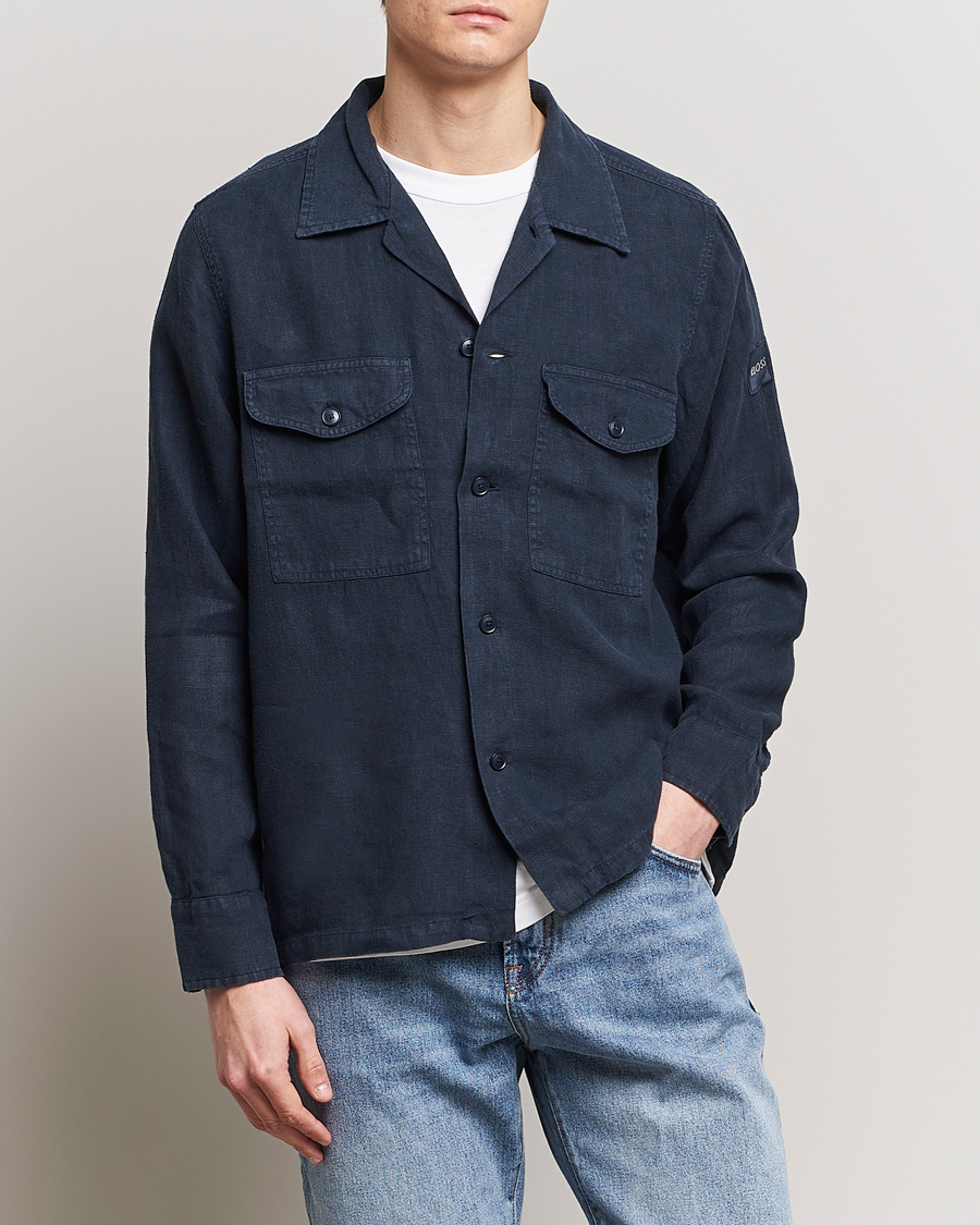 Heren | Overhemden | BOSS ORANGE | Lovel Linen Overshirt Dark Blue