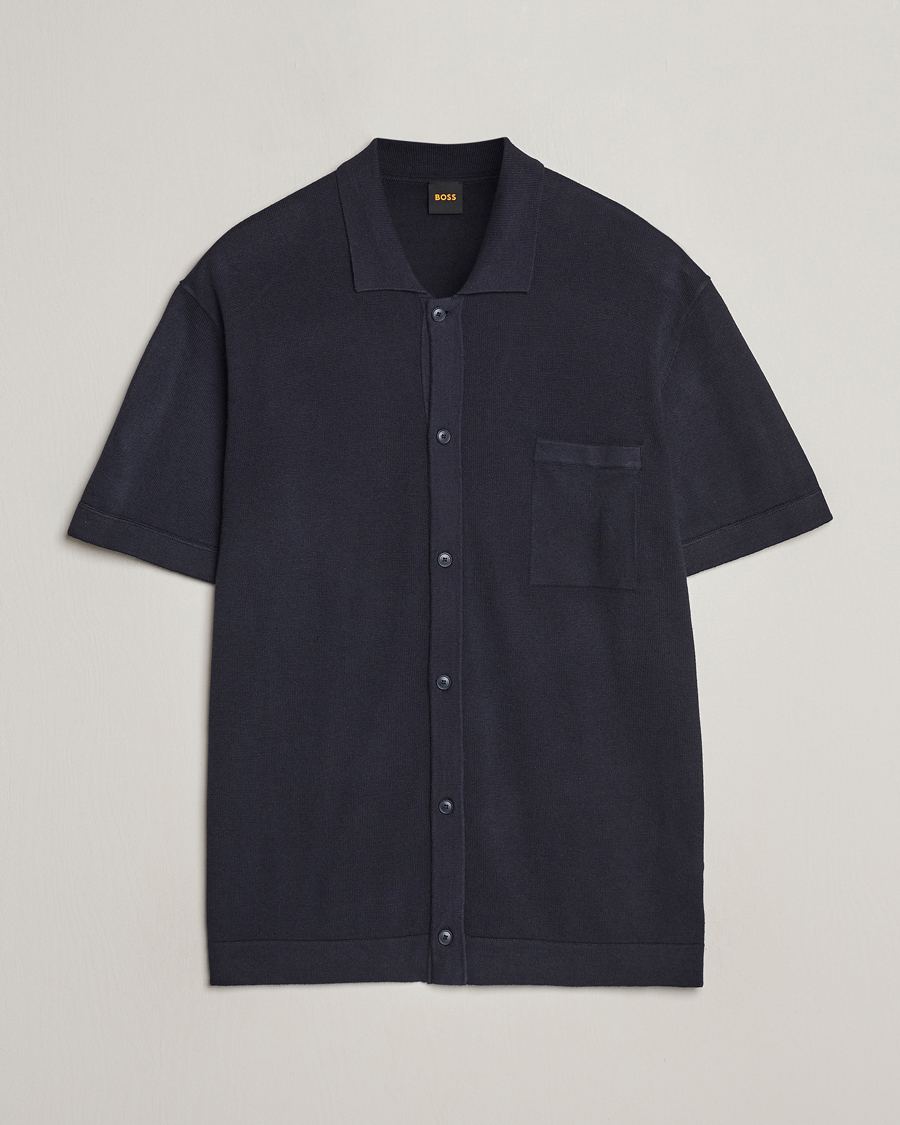 Heren | Overhemden | BOSS ORANGE | Kamiccio Knitted Short Sleeve Shirt Dark Blue
