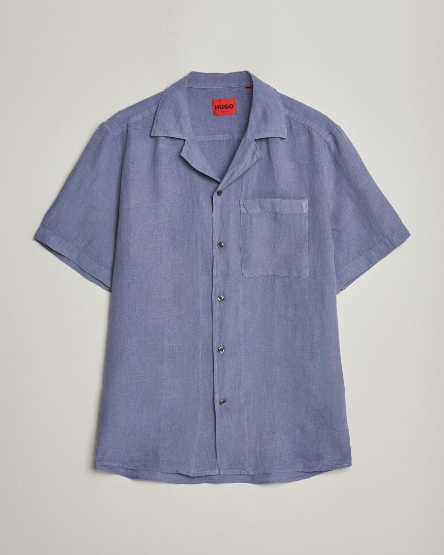 Heren | Overhemden | HUGO | Ellino Short Sleeve Linen Shirt Open Blue
