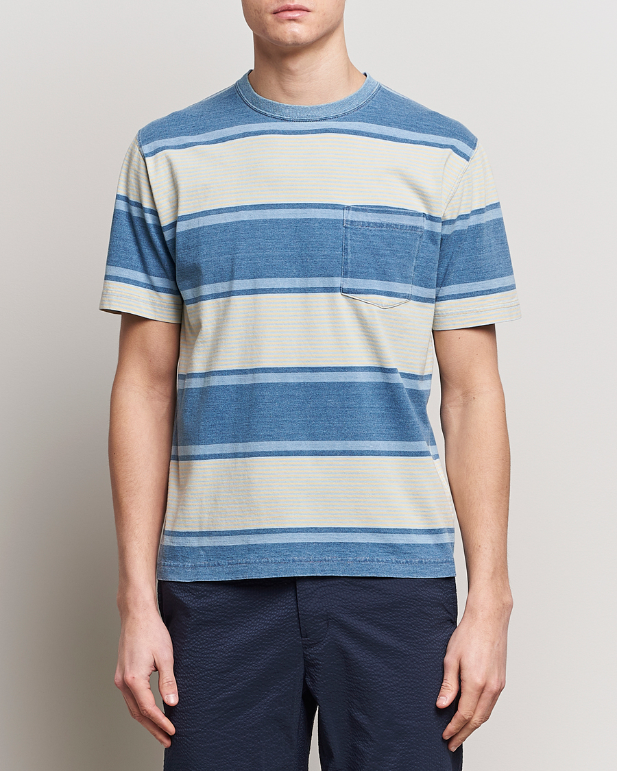 Heren | Preppy Authentic | BEAMS PLUS | Indigo Dyed Striped T-Shirt Sax Blue