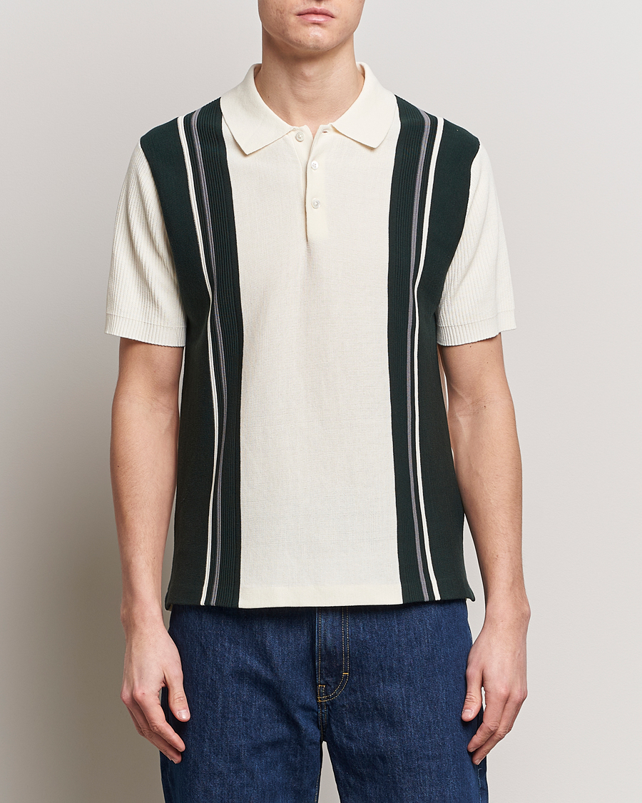 Heren | Poloshirts met korte mouwen | BEAMS PLUS | Knit Stripe Short Sleeve Polo White/Green