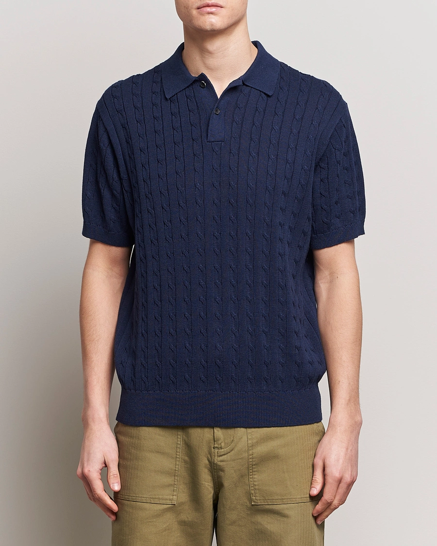 Heren | BEAMS PLUS | BEAMS PLUS | Cable Knit Short Sleeve Polo Navy