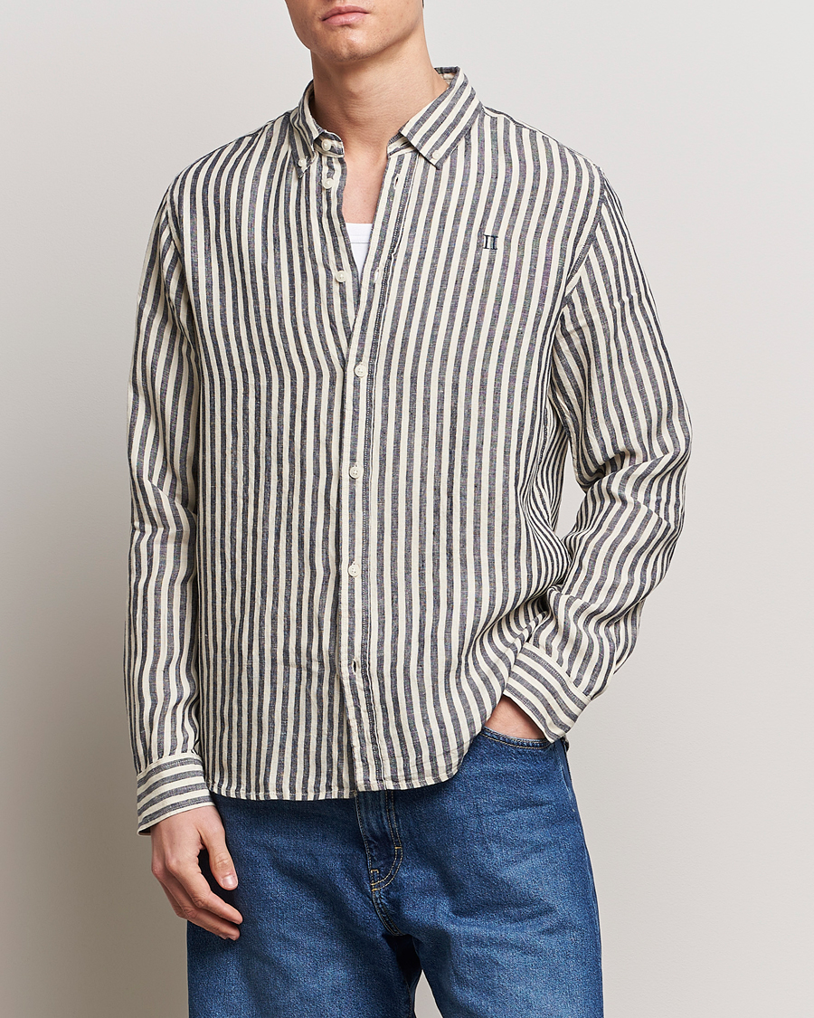Heren |  | LES DEUX | Kristian Striped Linen Button Down Shirt Ivory/Navy