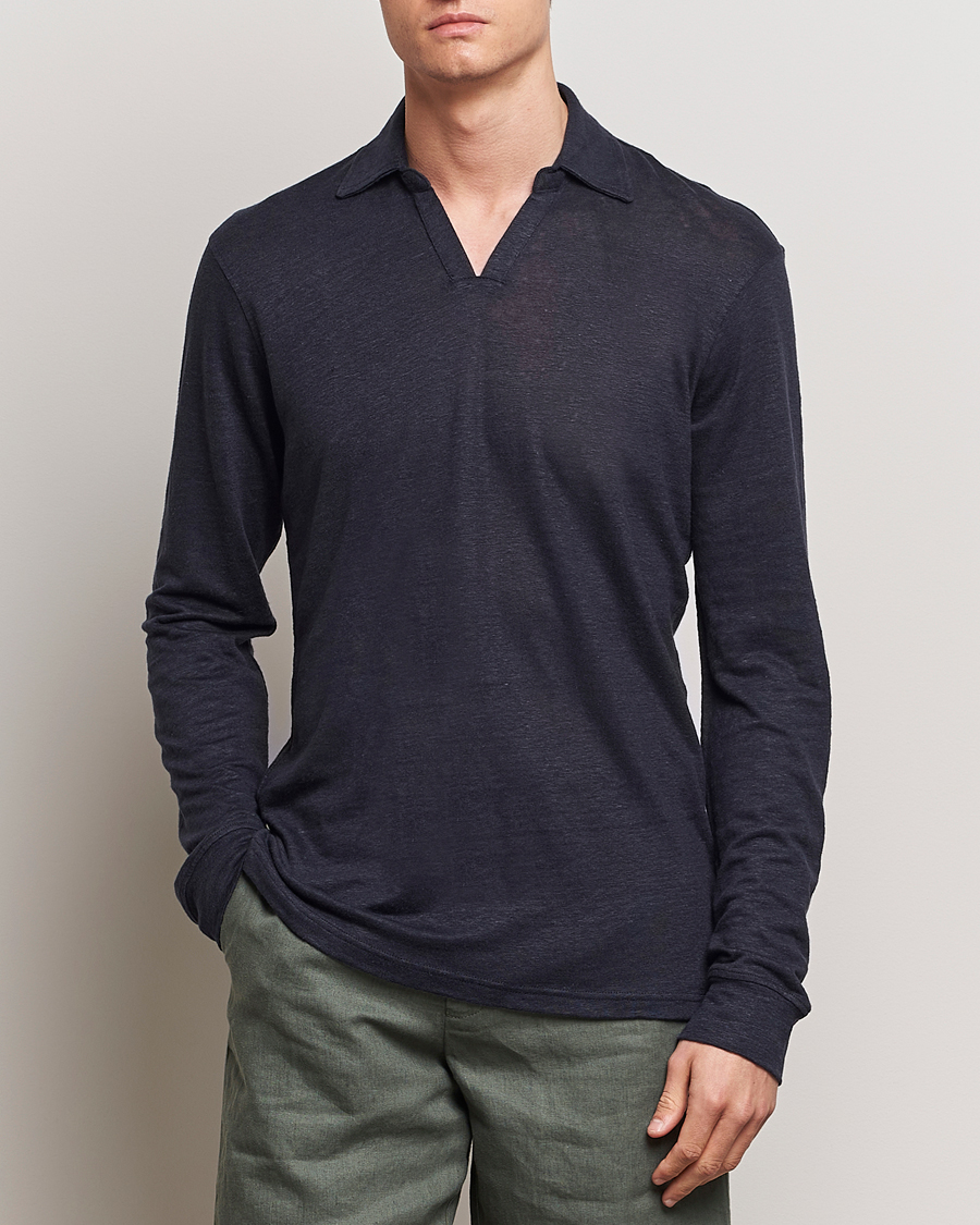 Heren | Afdelingen | Orlebar Brown | Felix Long Sleeve Slub Linen Polo Night Iris