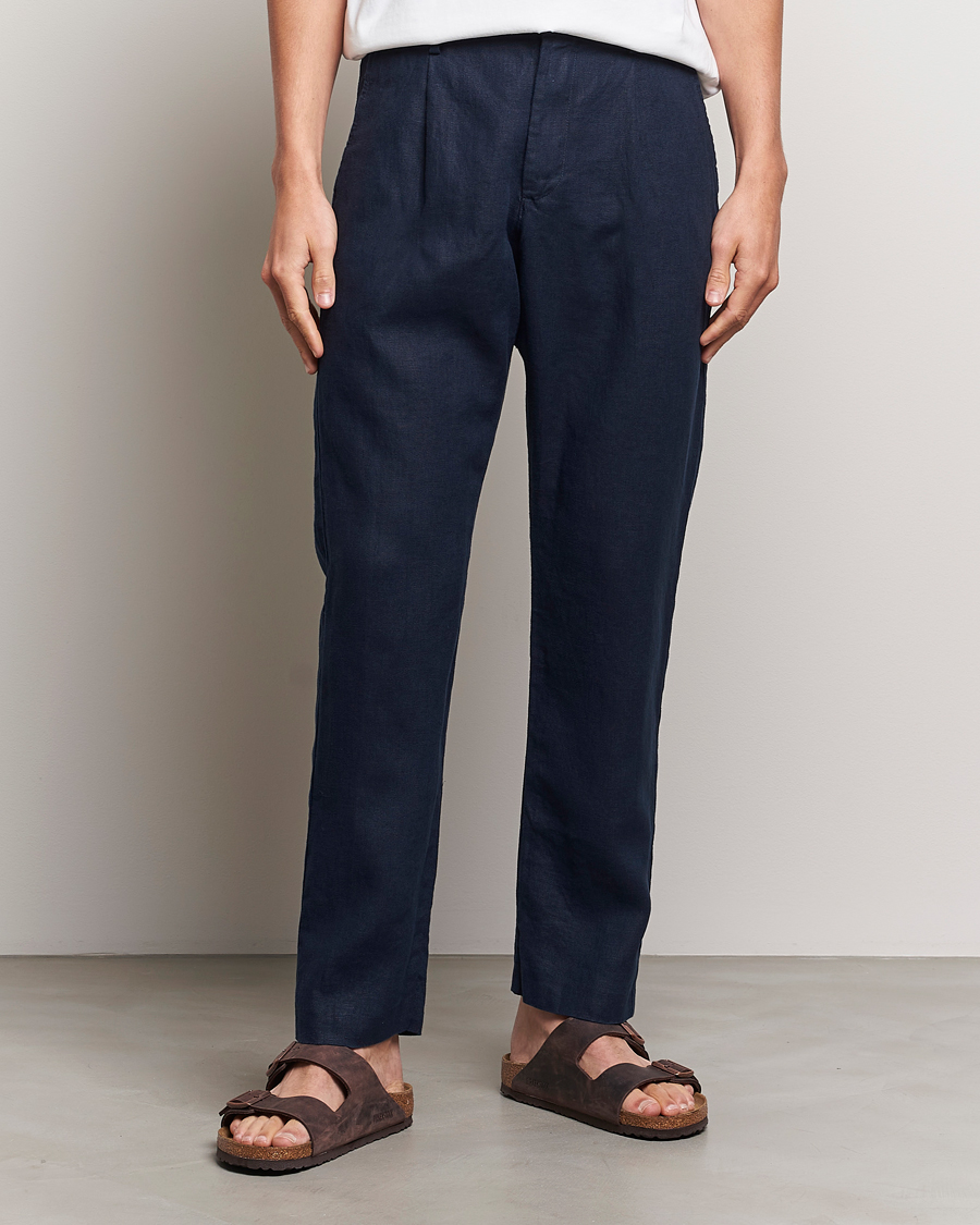 Herr | Byxor | NN07 | Bill Pleated Linen Trousers Navy Blue