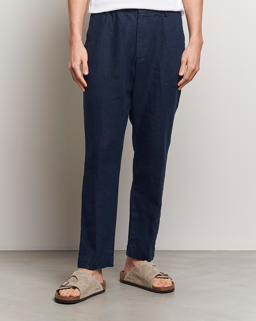 Heren | Nieuwe productafbeeldingen | NN07 | Billie Linen Drawstring Trousers Navy Blue
