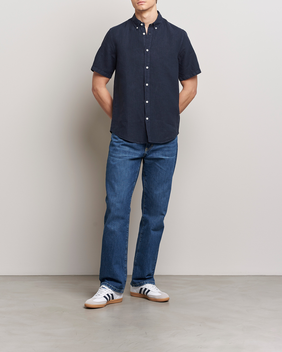 Heren | Overhemden | NN07 | Arne Linen Short Sleeve Shirt Navy Blue